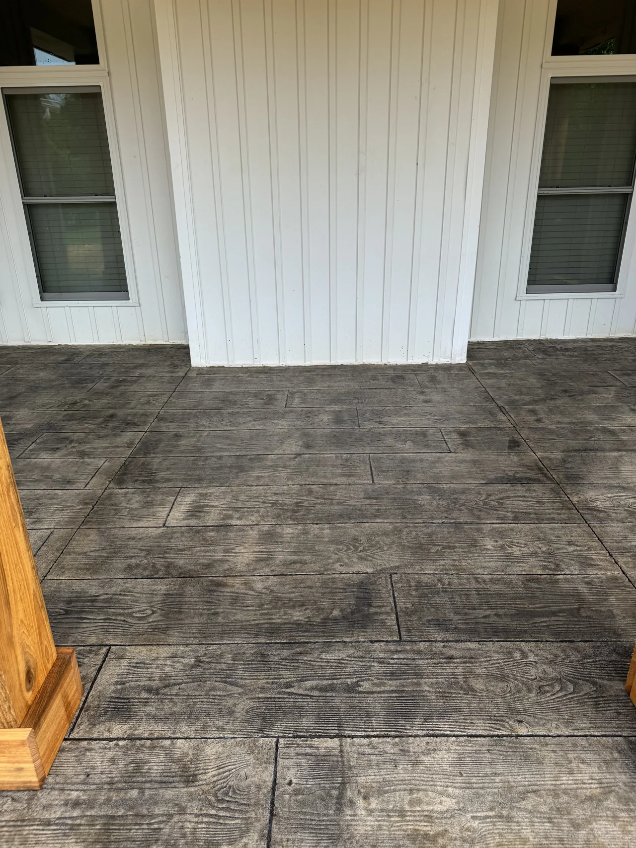 Overhead view of wood grain stamped concrete